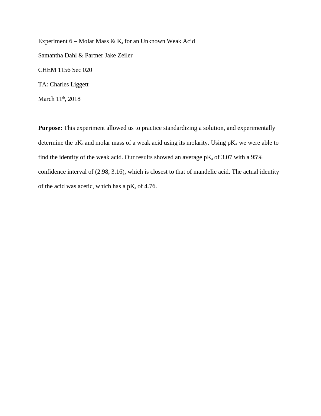 Experiment 6 - Molar Mass & Ka for an Unknown Weak Acid.docx_d26e9pr1d4n_page1