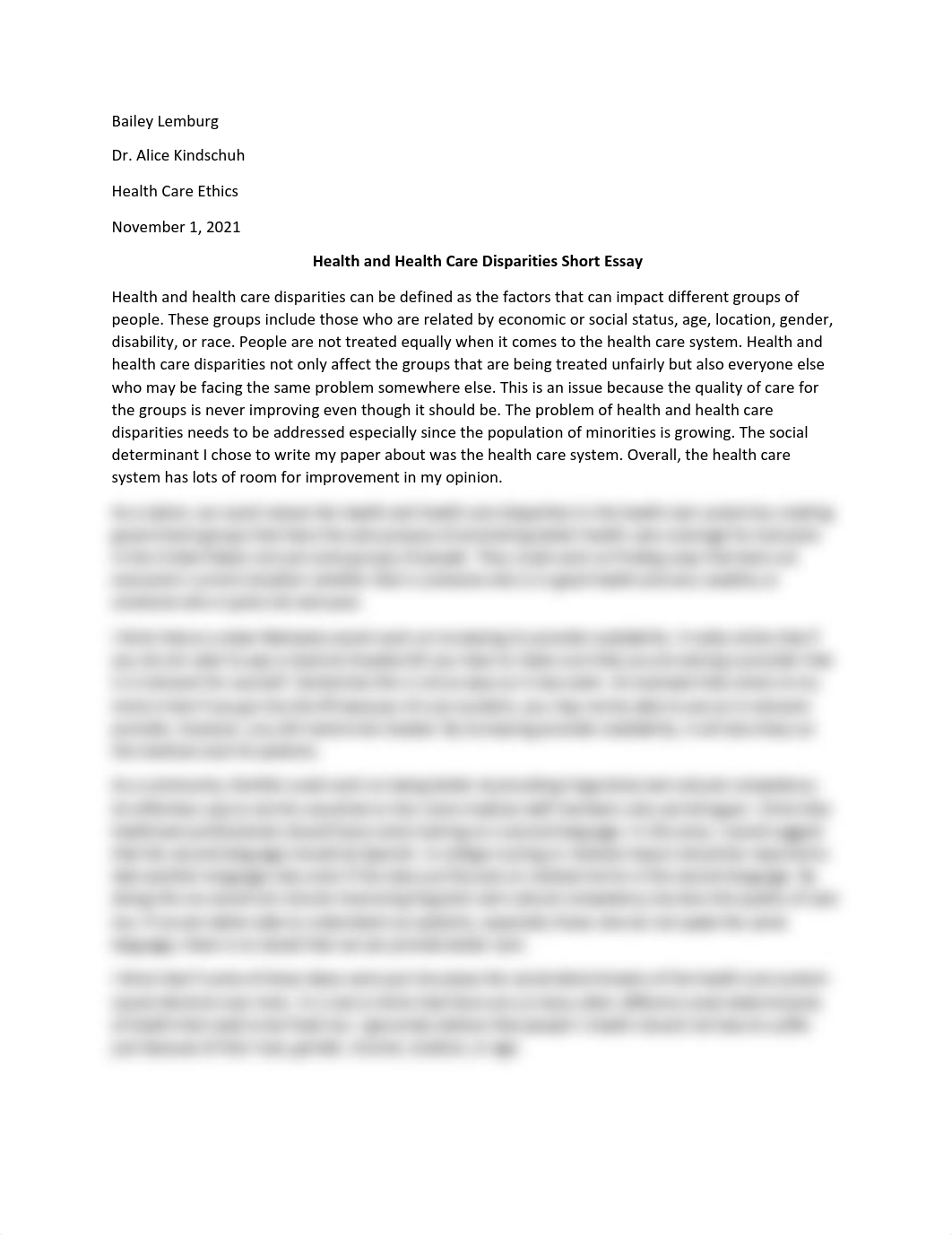 Bailey Lemburg - Health Care Ethics - Health and Health Care Disparities Short Essay.pdf_d29zdcytcbq_page1