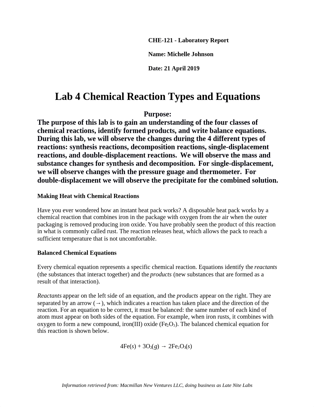 Michelle Johnson_ Lab 4 - Chemical Reactions Types and Their Equations.docx_d2a3kstmmaa_page1