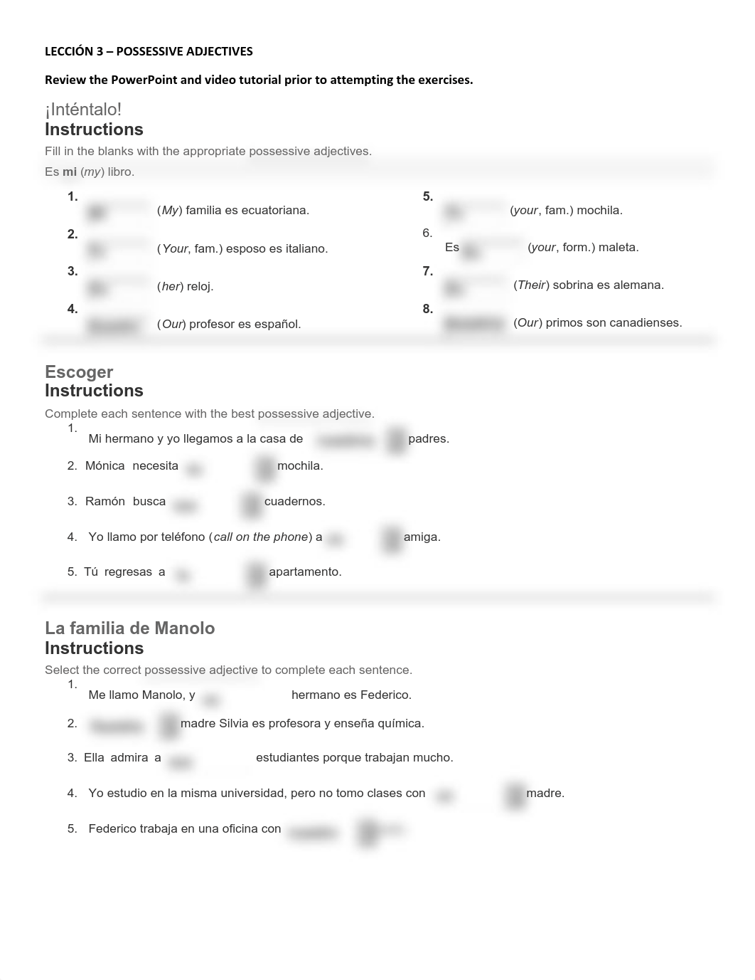 Leccion 3 - Tarea - Possessive Adjectives - Fillable.pdf_d2f6k5zkal6_page1