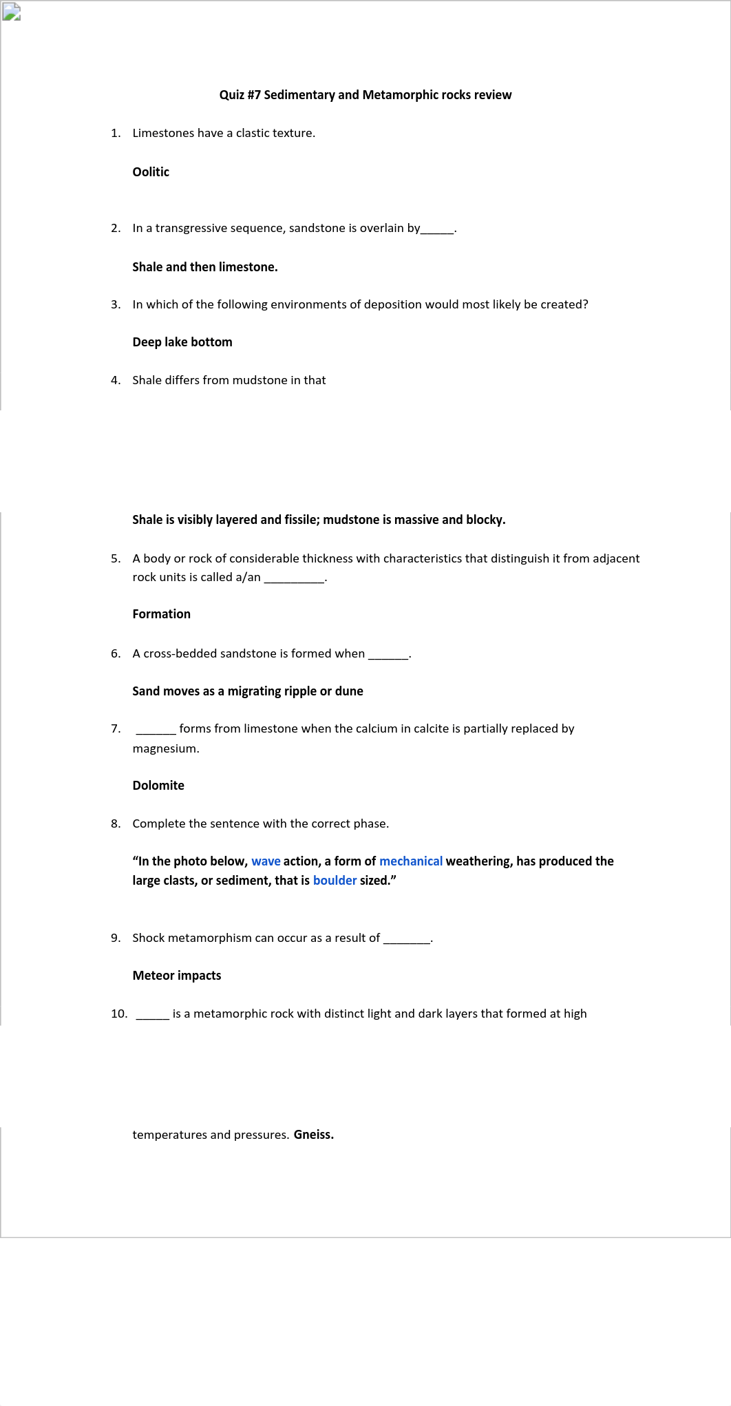 Quiz #7 sedimentary and metamorphic rocks review.pdf_d2gz1z6vk5s_page1