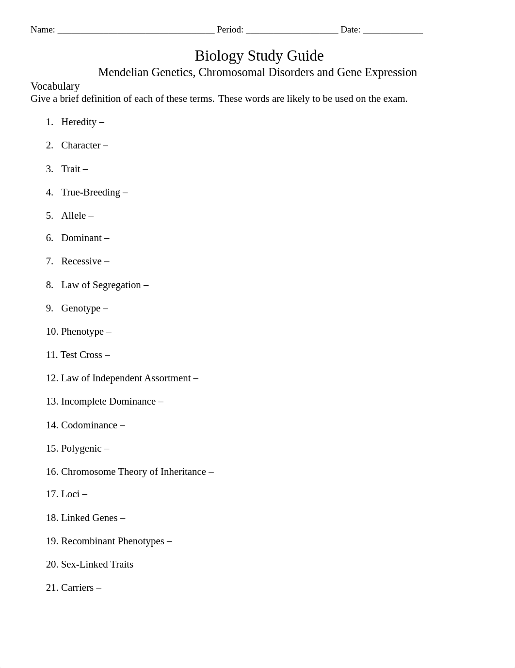 Mendelian Genetics, chromosomal disorders and gene expression Study Guide.docx_d2hspcz24te_page1