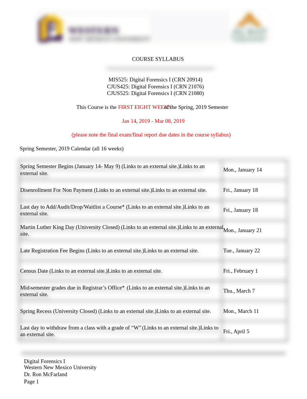 WNMU MIS525 Syllabus Forensics I Spring 2019 version 3.pdf_d2j19kds4mn_page1