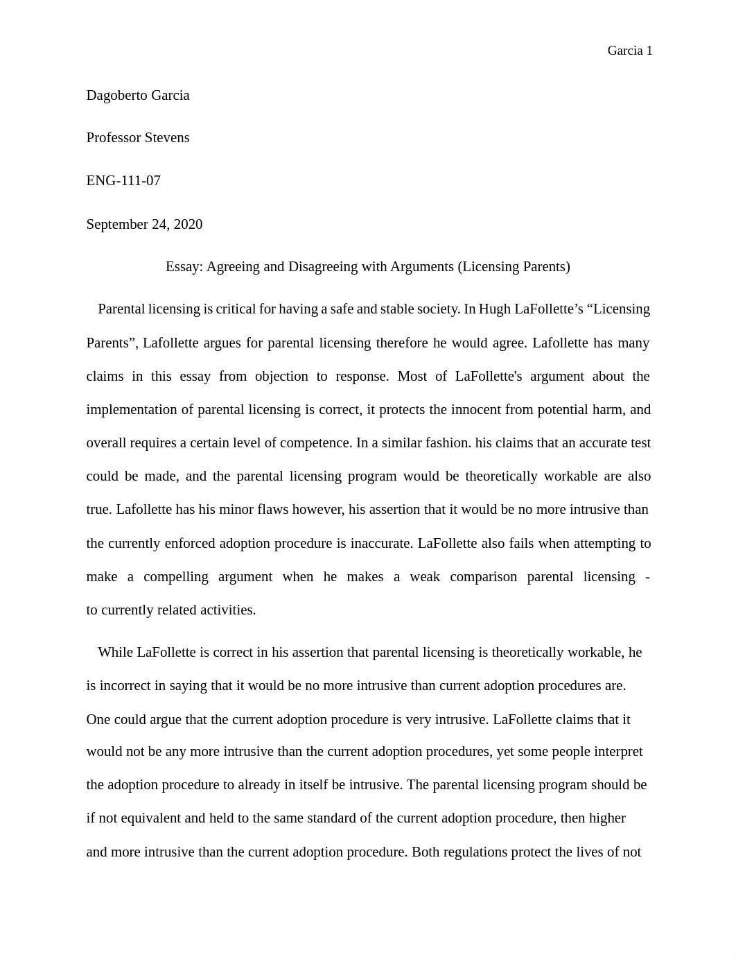 Garcia , Dagoberto Essay Response to Hugh LaFollette Licensing Parents .pdf_d2luqgk4okp_page1