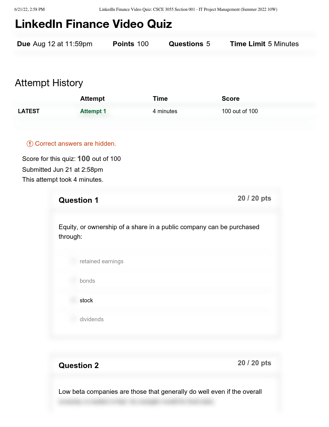LinkedIn Finance Video Quiz_ CSCE 3055 Section 001 - IT Project Management (Summer 2022 10W).pdf_d2nt3bivfxx_page1