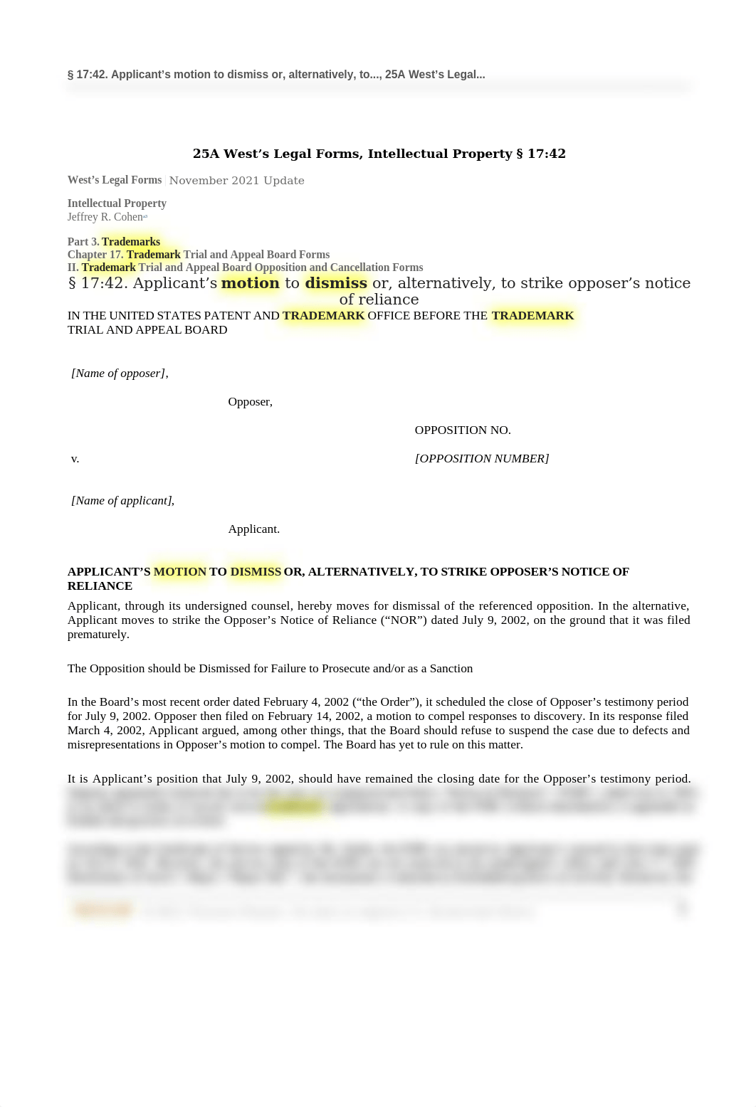 1742 Applicants motion to dismiss or alternatively to strike opposers notice of reliance.doc_d2ouclict34_page1