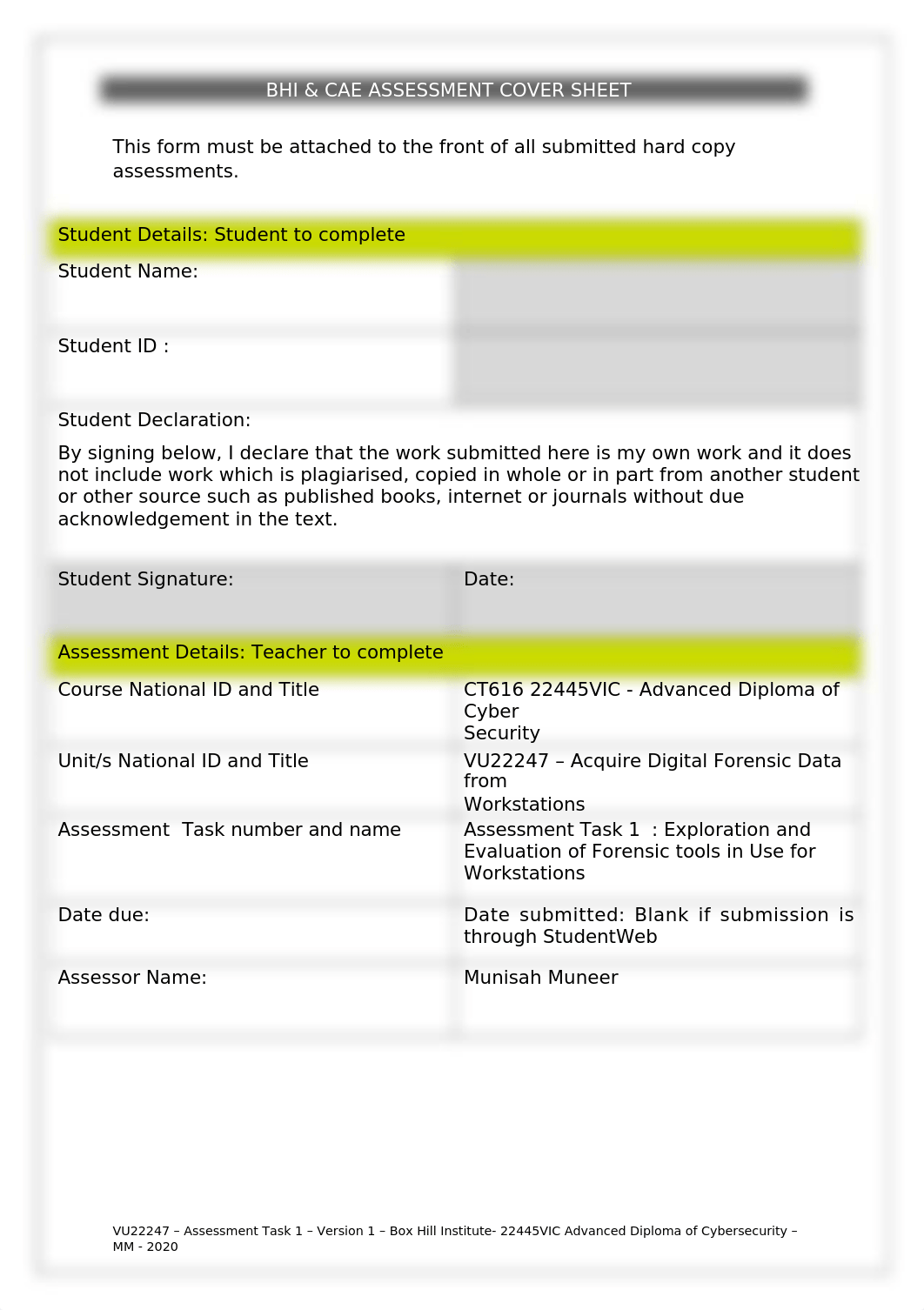 VU22247 - Acquire digital Forensic data from Workstations - Assessment task 1.docx_d2q01ww7x7l_page1