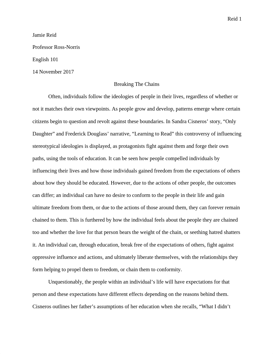 Jamie Reid - Breaking the Chains - Compare and Contrast Essay - 11-14-17.docx_d2r35poe5xf_page1