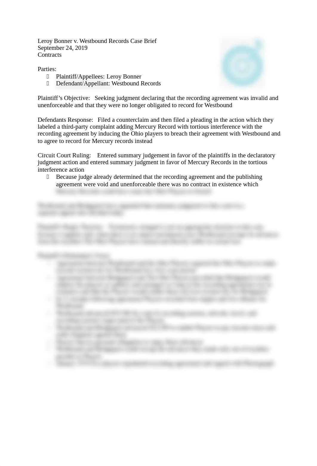 Leroy Bonner v. Westbound Records Case Brief.docx_d2rln2ihay2_page1