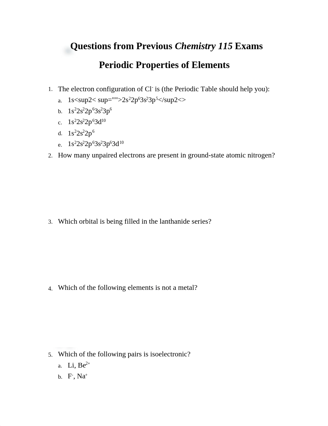 Questions from Previous Chemistry 115 Exams Periodic Properties of Elements_d2ths6z53s2_page1