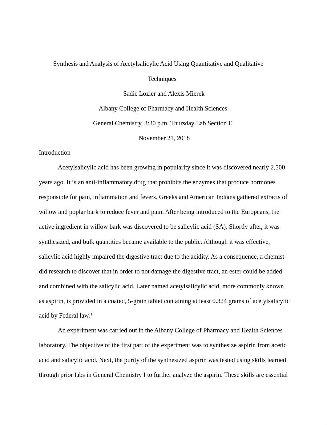 Synthesis and Analysis of Acetylsalicylic Acid Using Quantitative and Qualitative Techniques.docx_d2u1zmdbo55_page1