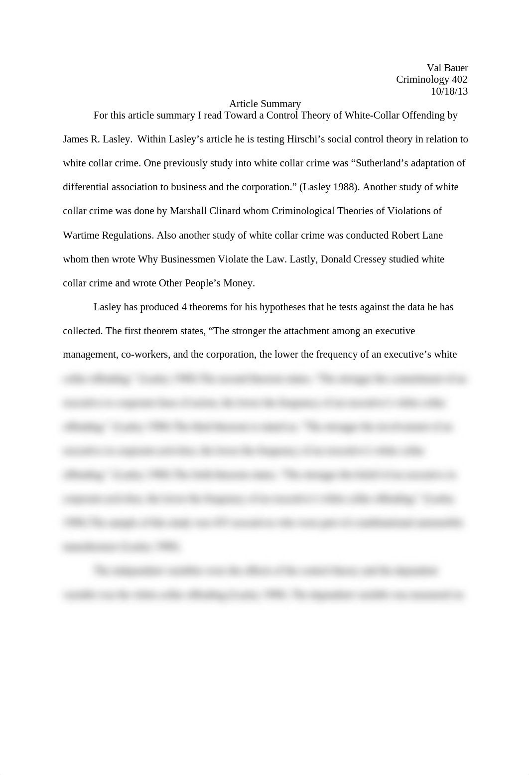 Crim 402 Article: Toward a Control Theory of White-Collar Offending by  James R. Lasley_d2u6t5z5u9t_page1