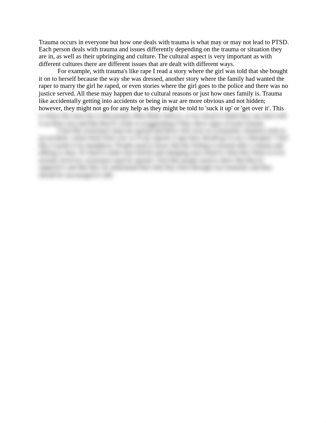 Trauma occurs in everyone but how one deals with trauma is what may or may not lead to PTSD.docx_d2uggfbj7sm_page1