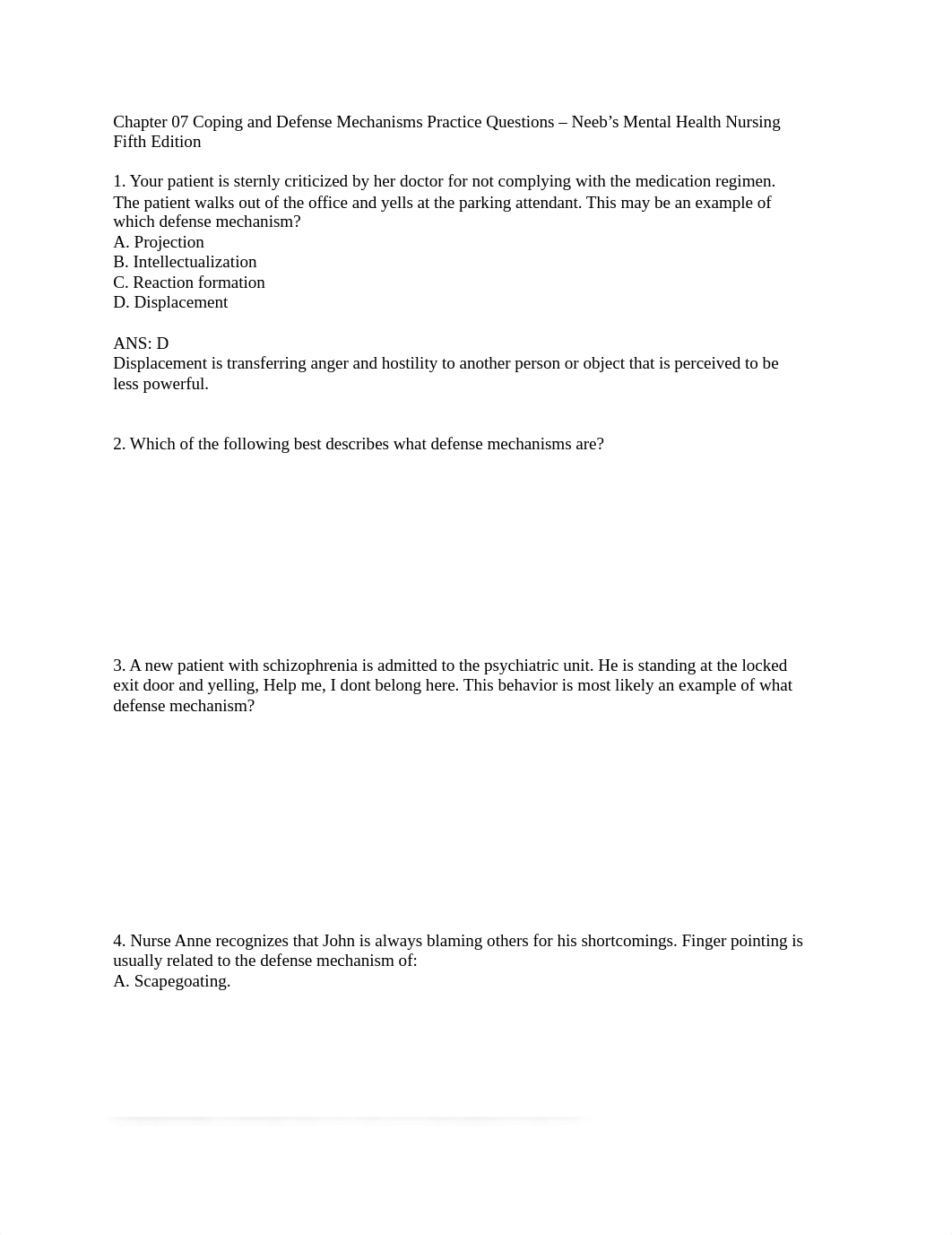 Chapter 07 Coping and Defense Mechanisms Practice Questions - Neeb's Mental Health Nursing Fifth Edi_d2uh4wbt7yn_page1