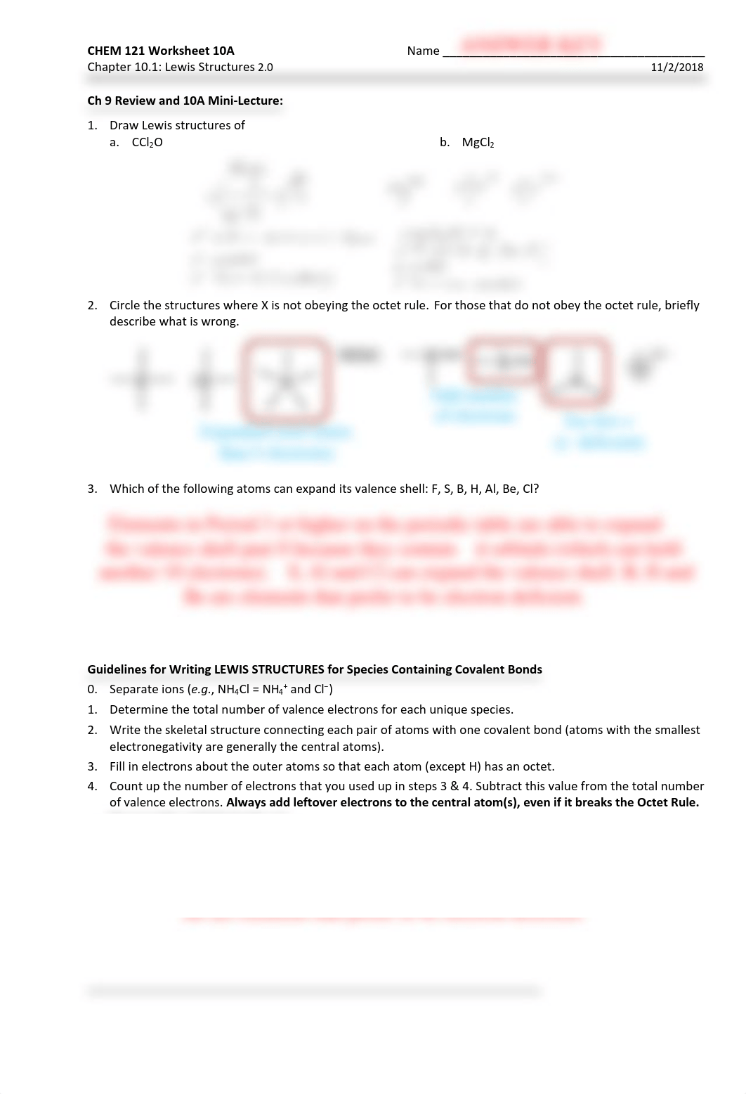 18FA CHEM 121 31 Worksheet 10A (Lewis Structures 2) - ANSWER KEY.pdf_d2x5lb1hc1o_page1