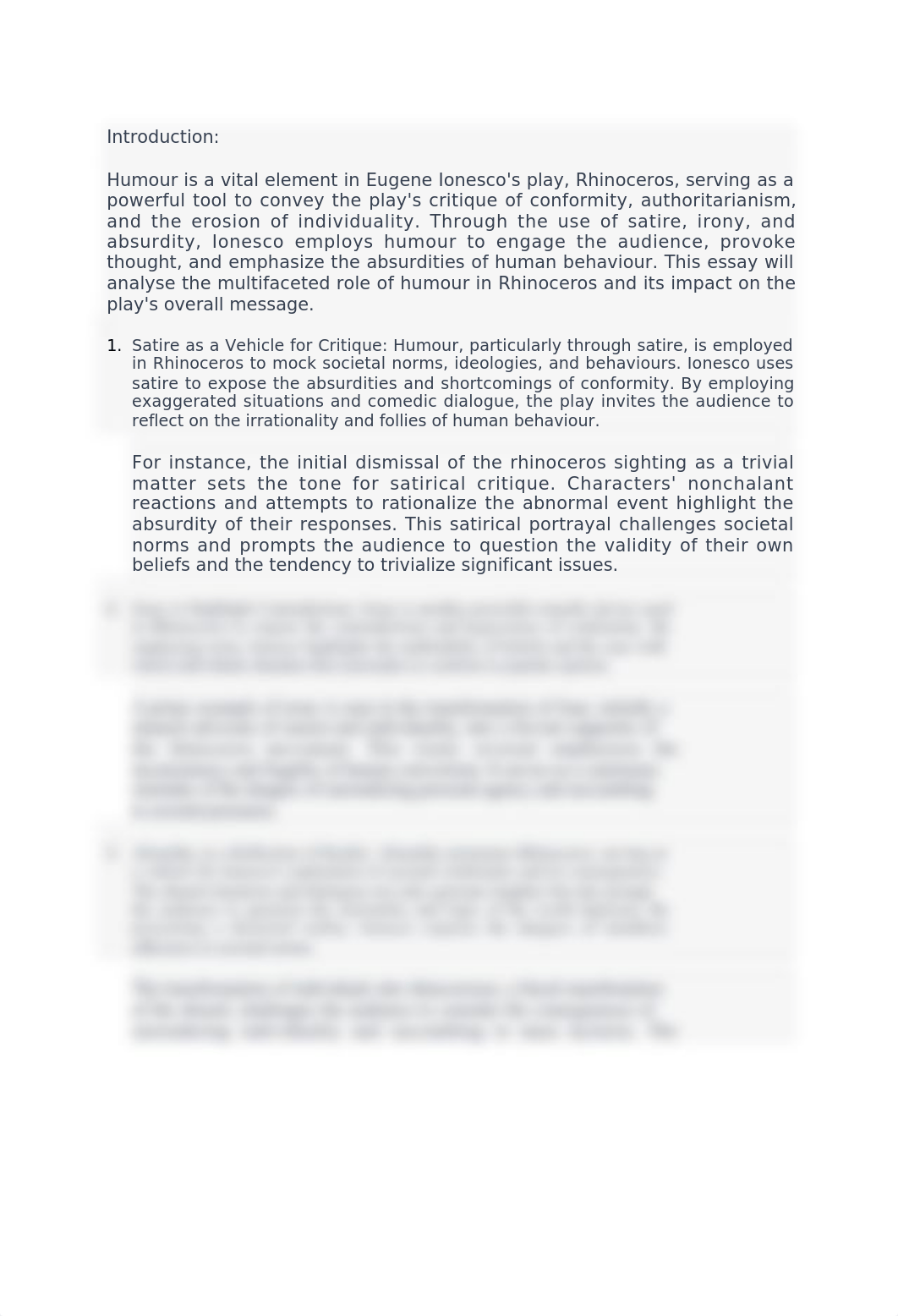 The Role of Humour in Eugene Ionesco's Rhinoceros and its Impact on the Play's Overall Message.docx_d2x76ou6pzc_page1