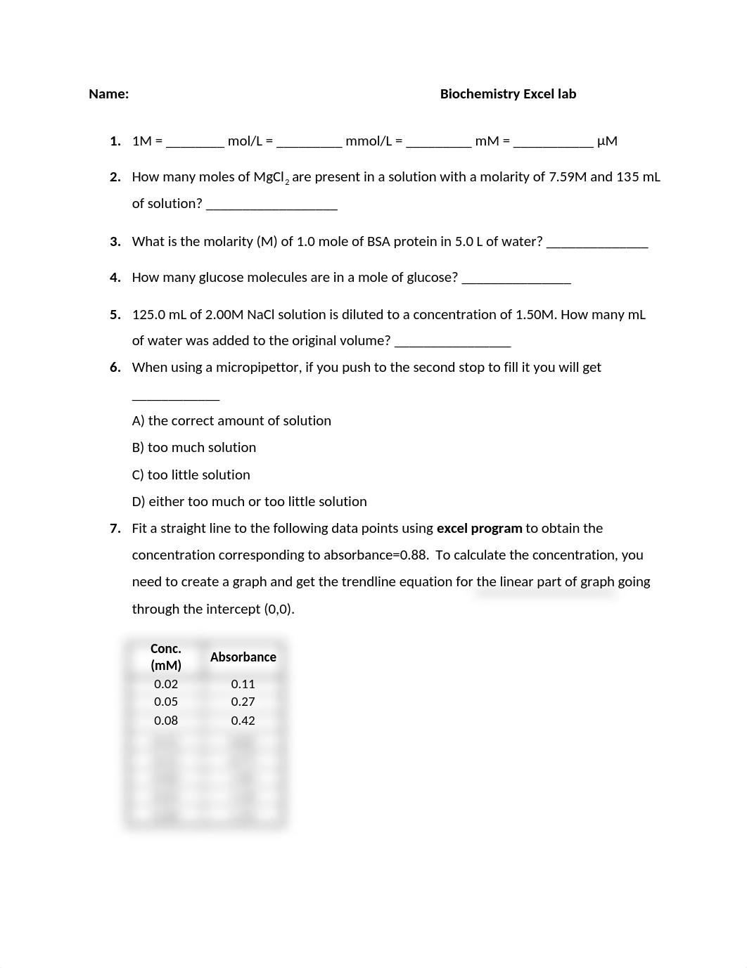 Biochemistry Lab 1 Unit Conversion, Concentration and Excel Graph.docx_d2x8512zf2l_page1