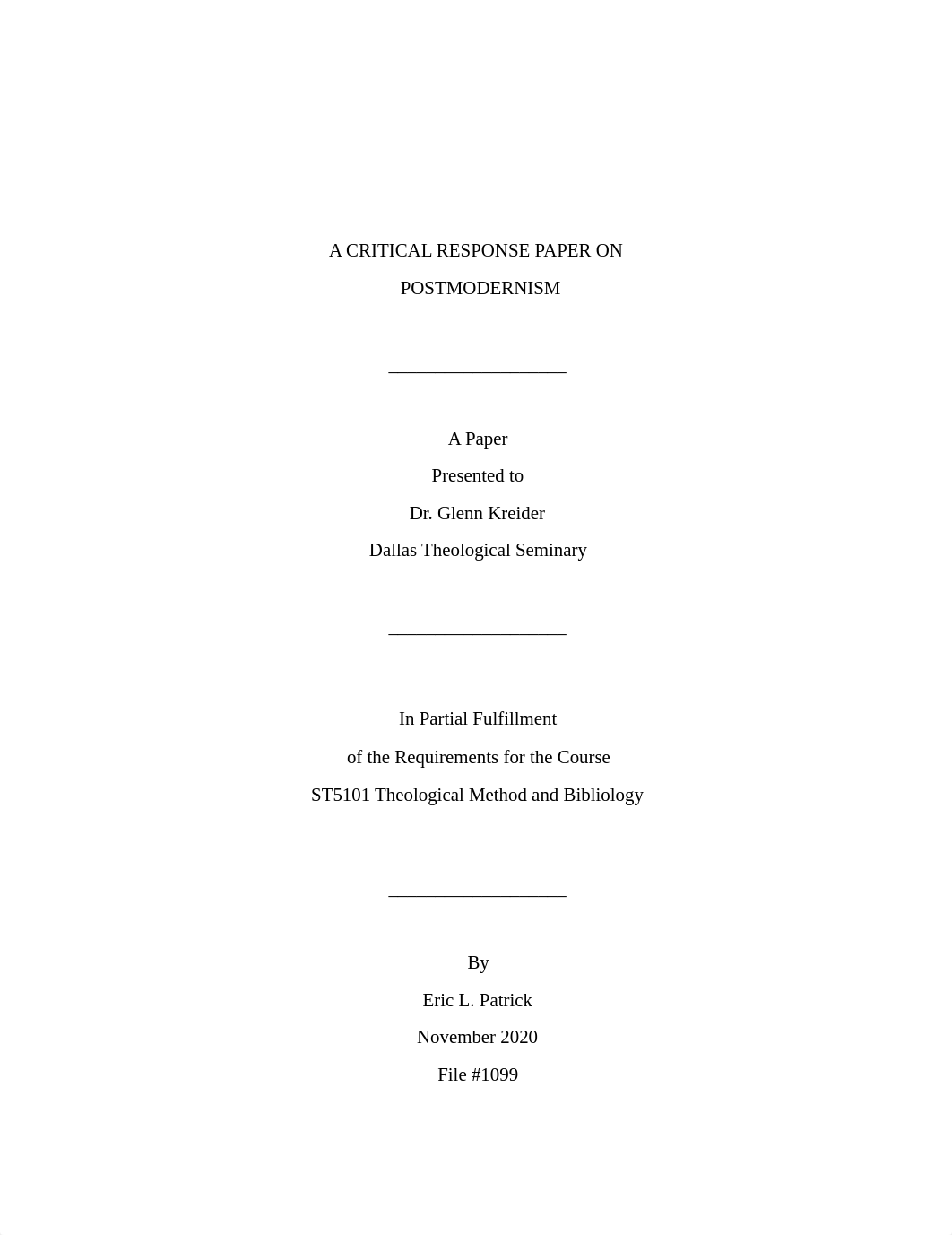 Eric L Patrick - ST5101 Postmodernism - Ministerial Response Paper.pdf_d2xlax3wacx_page1