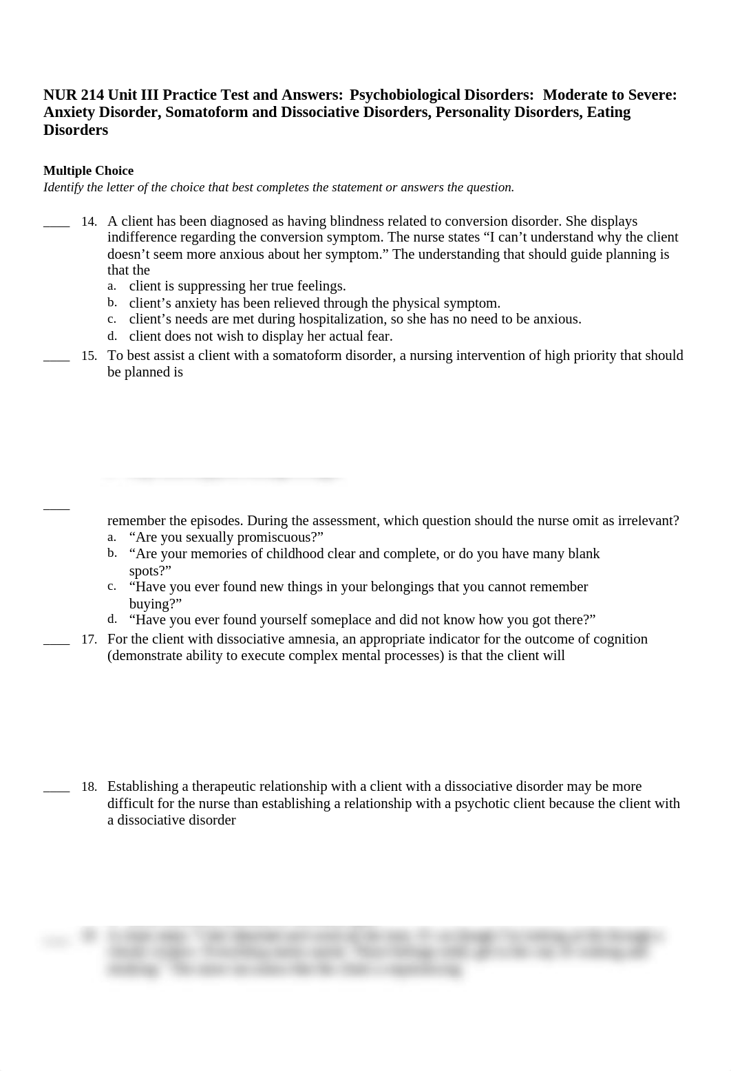 NUR 214 Mental Health Unit III Practice Test and Answers 51 questions  - Revised 2020.docx_d2xvif7x9hj_page1