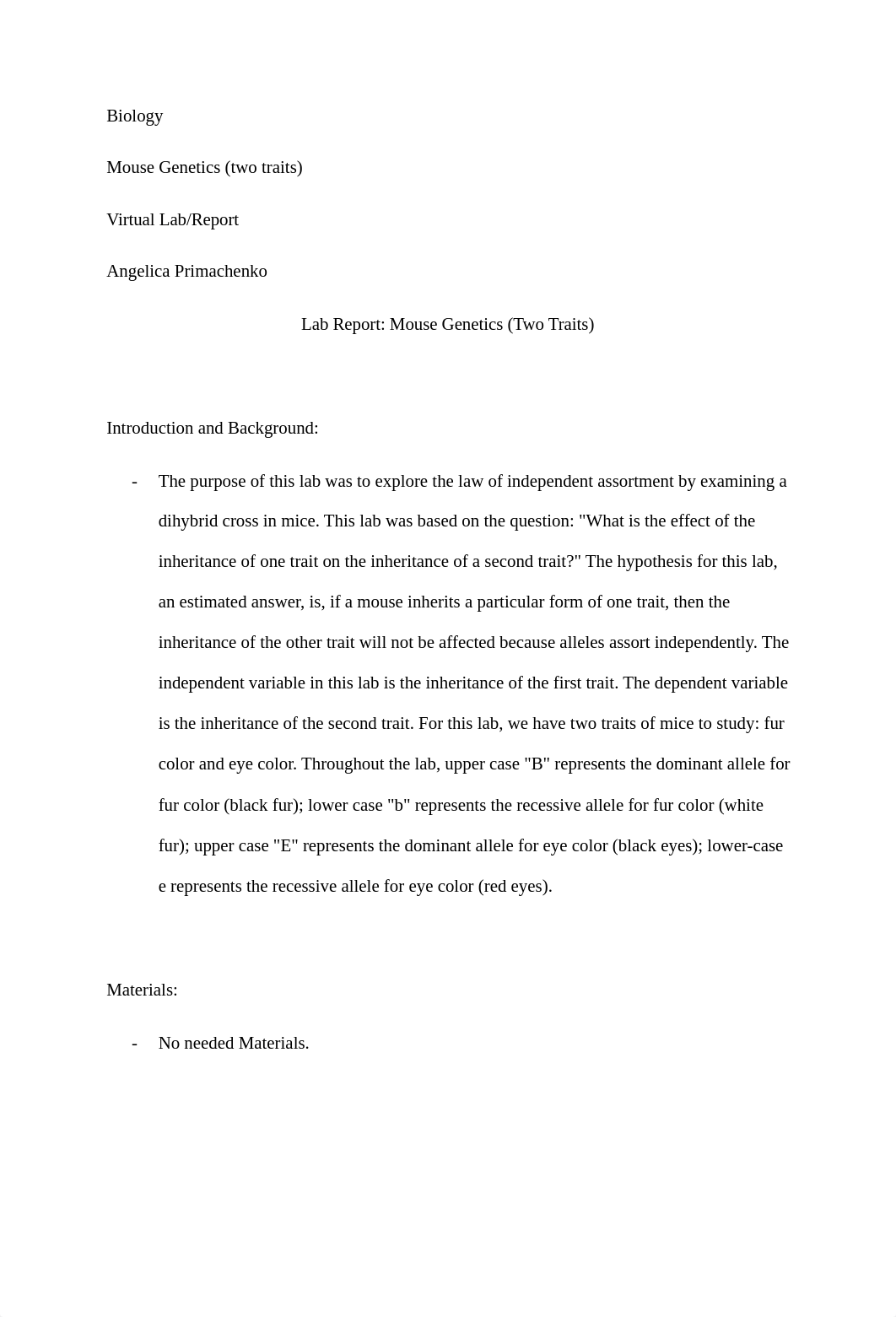 Mouse Genetics (Two Traits) -Biology Lab Report.docx_d2zbpxf0pzt_page1