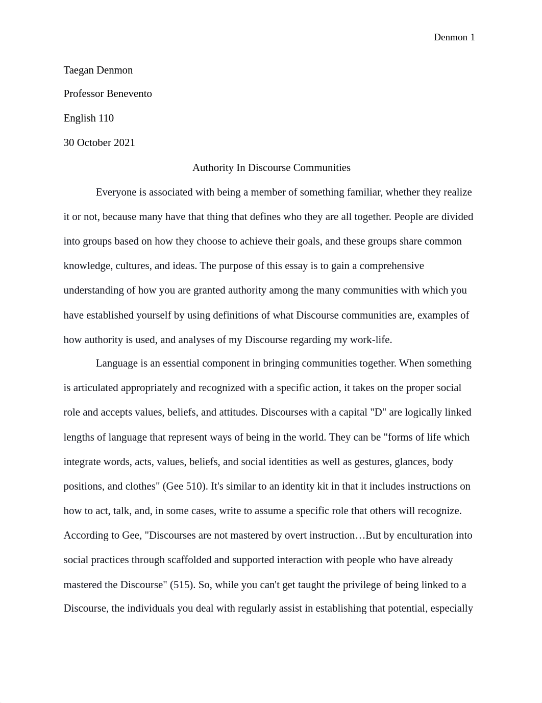 Reflection on Gaining Authority in New Discourse Communities Graded Draft.pdf_d2zdtk428nh_page1