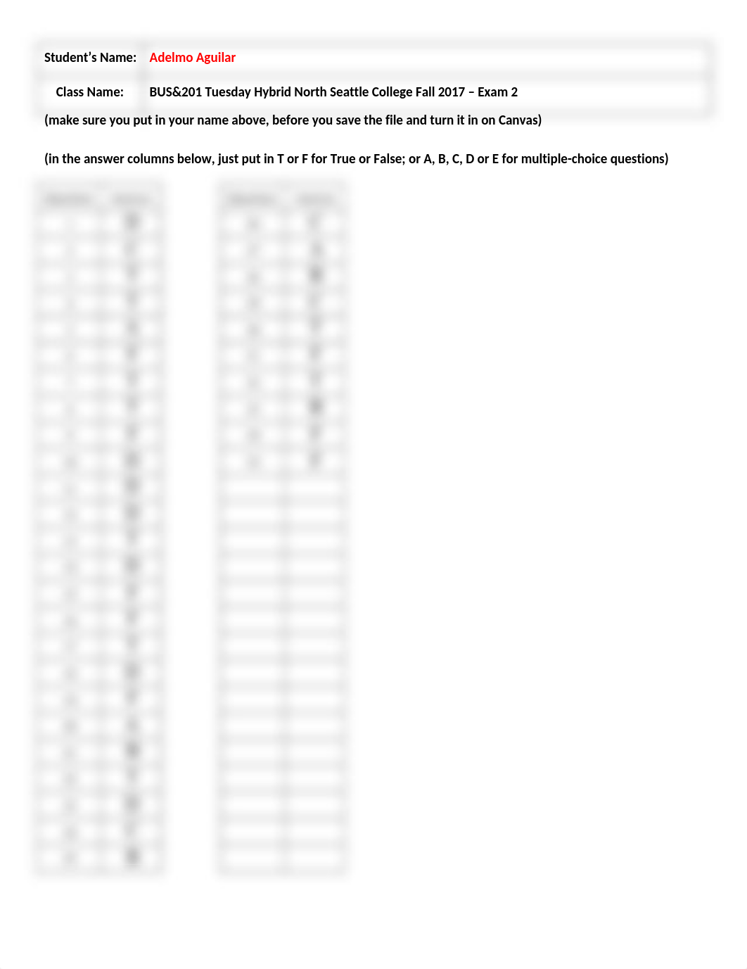 BUS201-H2N Answer Sheet  Exam 2 Tuesday Eve Hybrid Fall 2017.doc_d2zsuz1ha85_page1