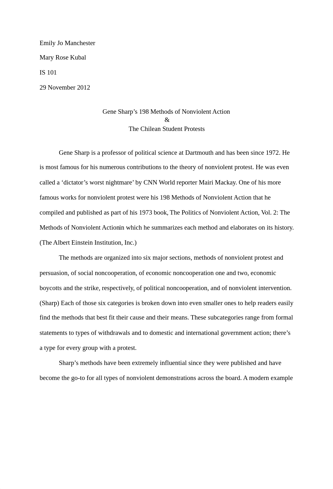 Paper: Gene Sharp's 198 Methods of Nonviolent Action & The Chilean Student Protests_d31zs363gp6_page1