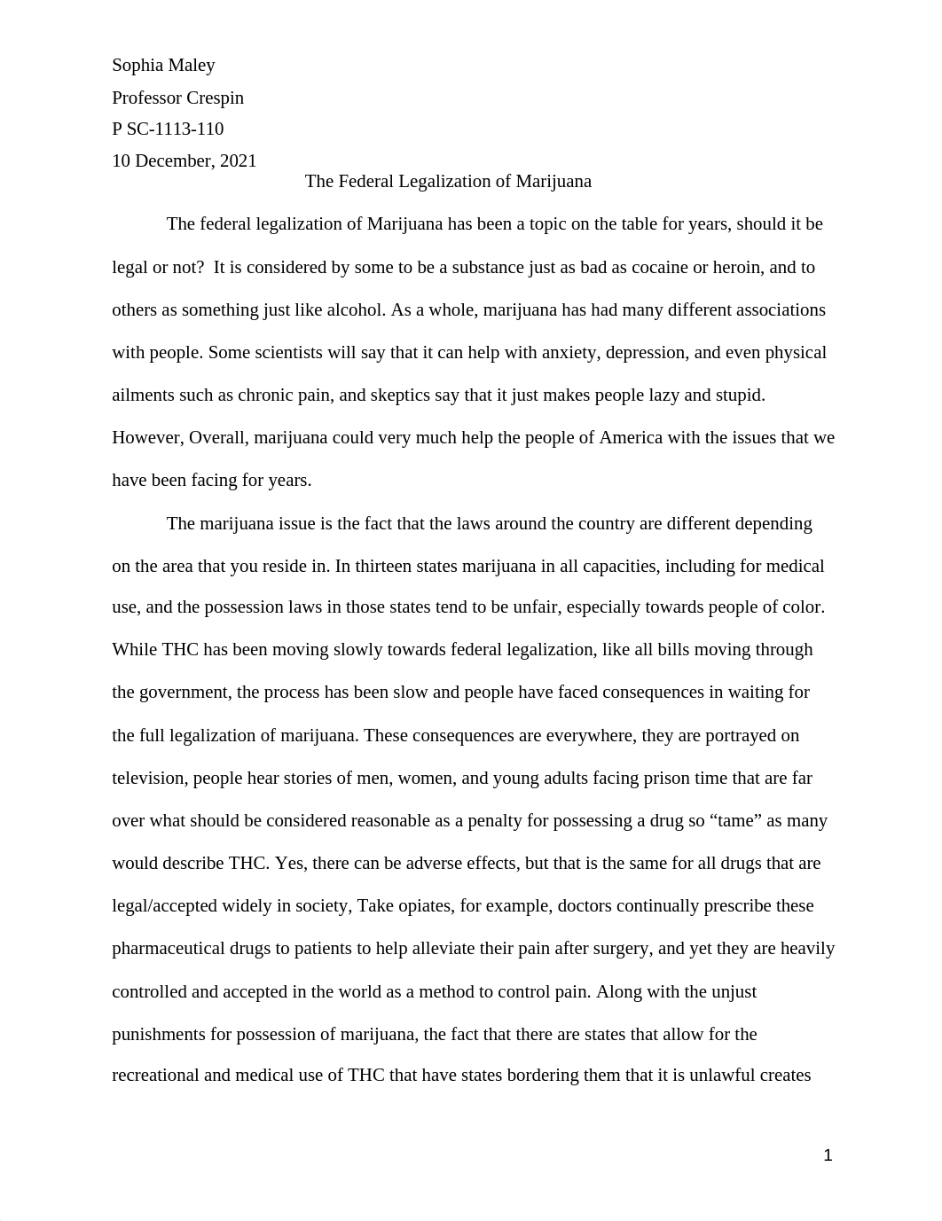 Federal Legalization Of Marijuana_ Sophia Maley.docx_d320zww3867_page1