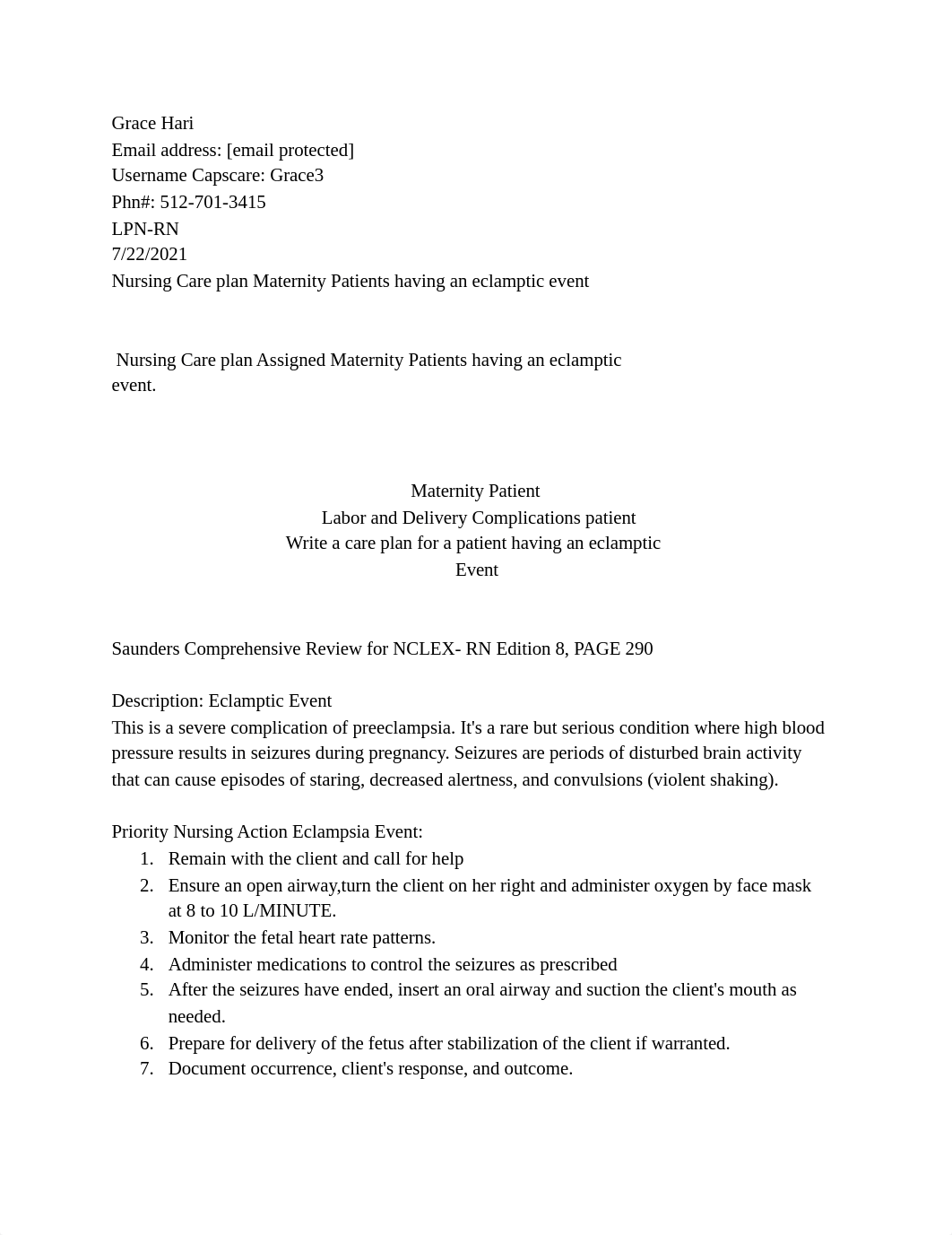 Labor and Delivery Complications Maternity Patient 2 having an eclamptic event Nursing Care Plan (2)_d396wahdzb8_page1