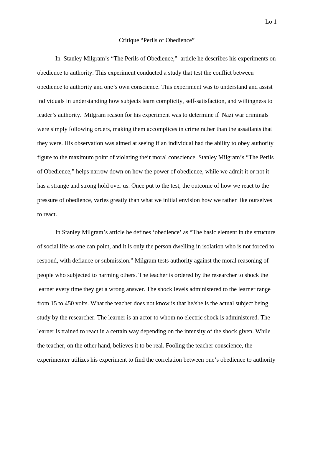 Critique Essay - The Perils of Obedience.docx_d3cz8glceo7_page1