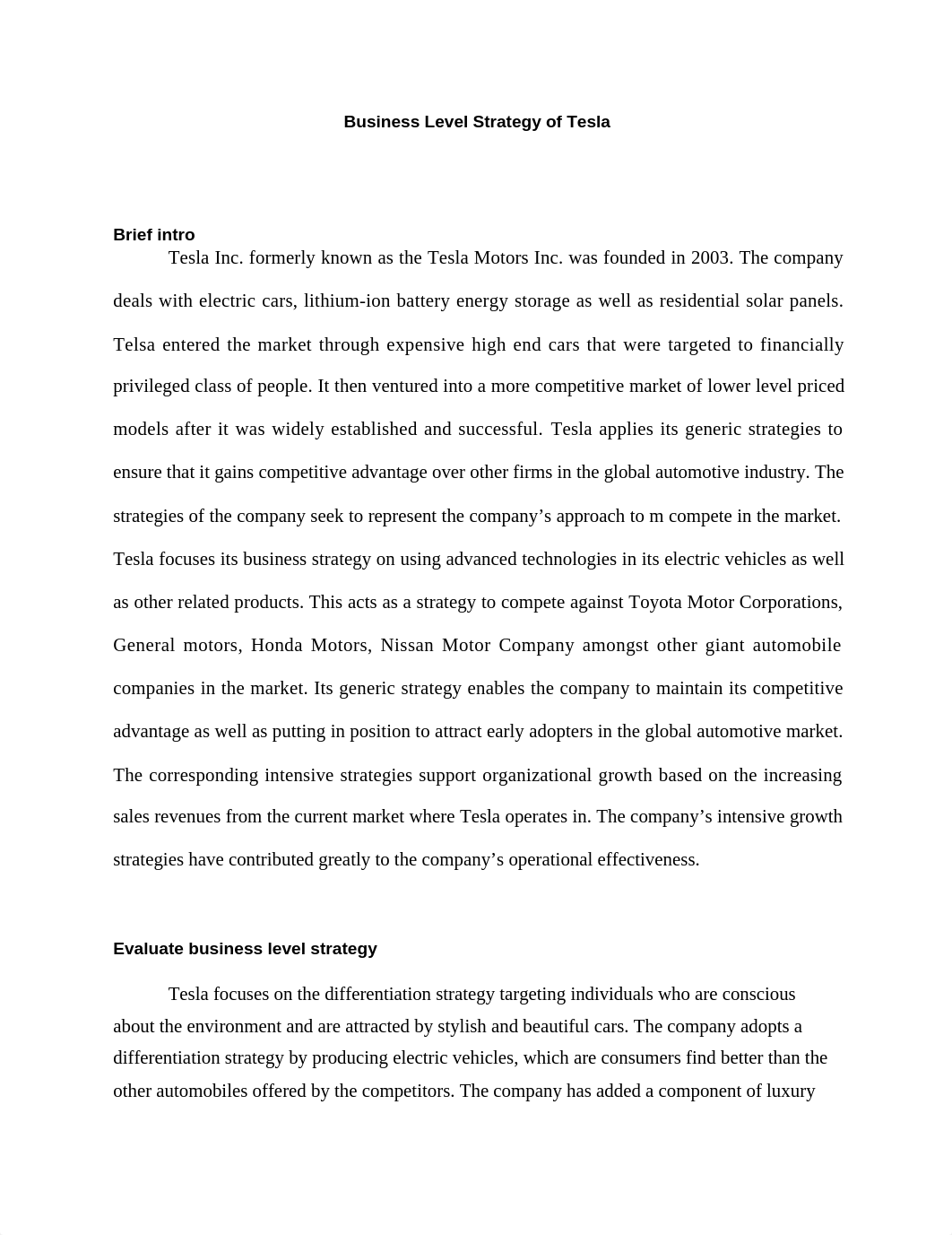 Business Level Strategy of Tesla- with intro and conclusion.docx_d3e4tj8y30o_page1