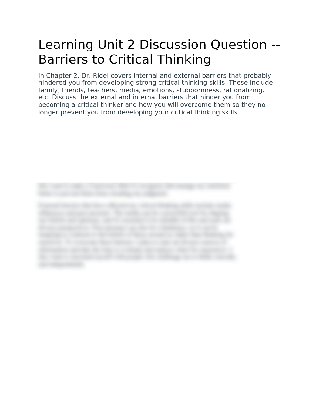 Learning Unit 2 Discussion Question -- Barriers to Critical Thinking.docx_d3eyppmhkb2_page1