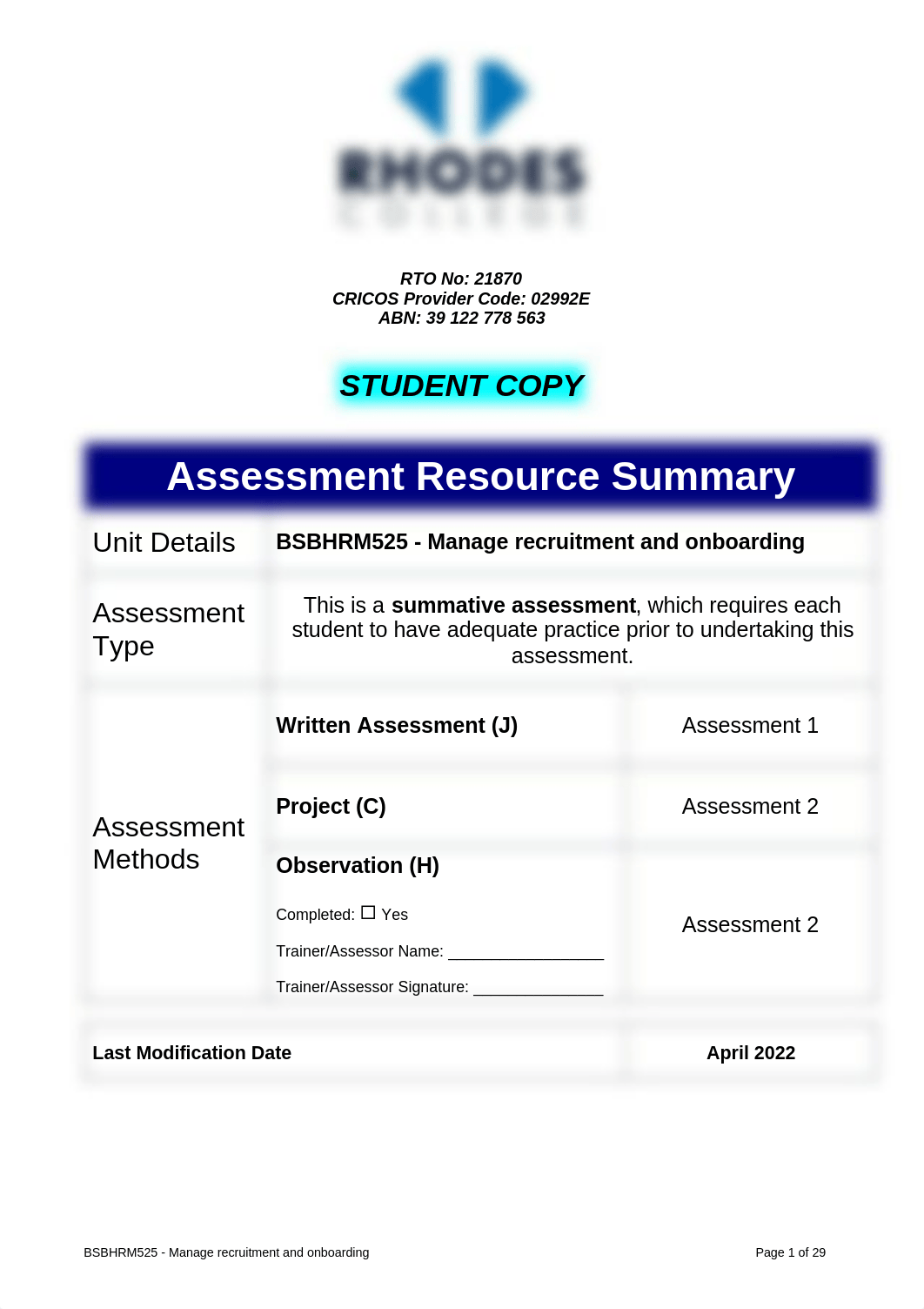 SA Tool - BSBHRM525 - Manage recruitment and onboarding - v April 2022_2.pdf_d3fcf9j9ait_page1