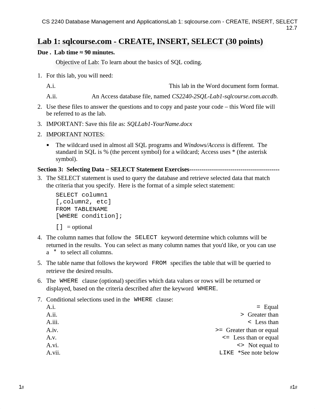 CS 2240 - 2 SQL - Lab 1 - CREATE, INSERT, SELECT (John Featherstone)_d3fzhmxc9z5_page1