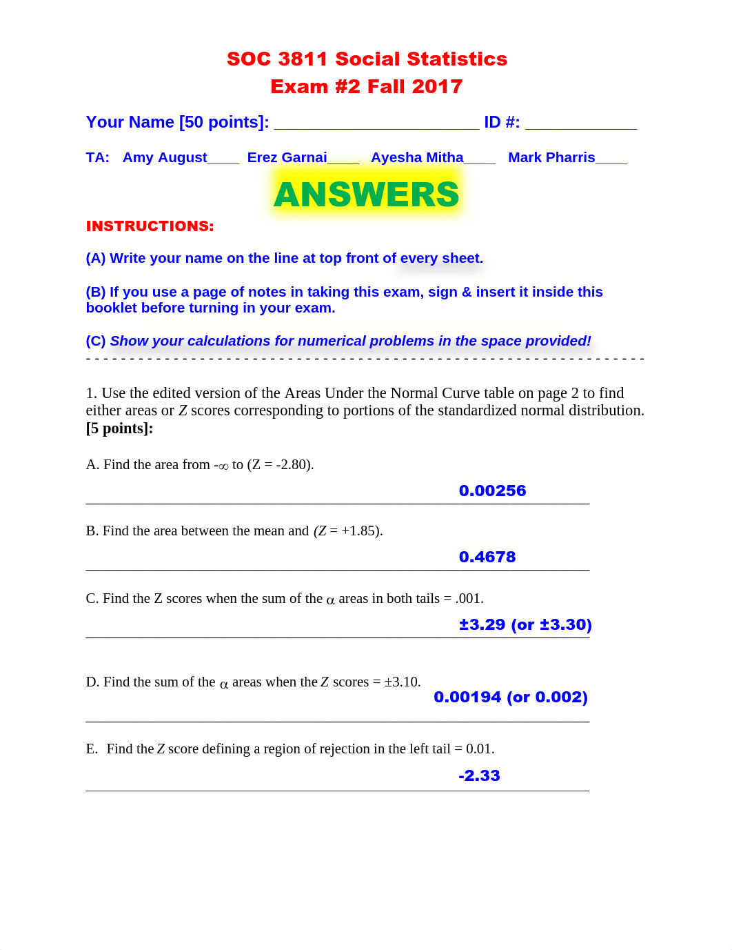 SOC3811 Social Statistics Fall 2018 Practice Exam #2 ANSWERS.pdf_d3hyldc1bto_page1