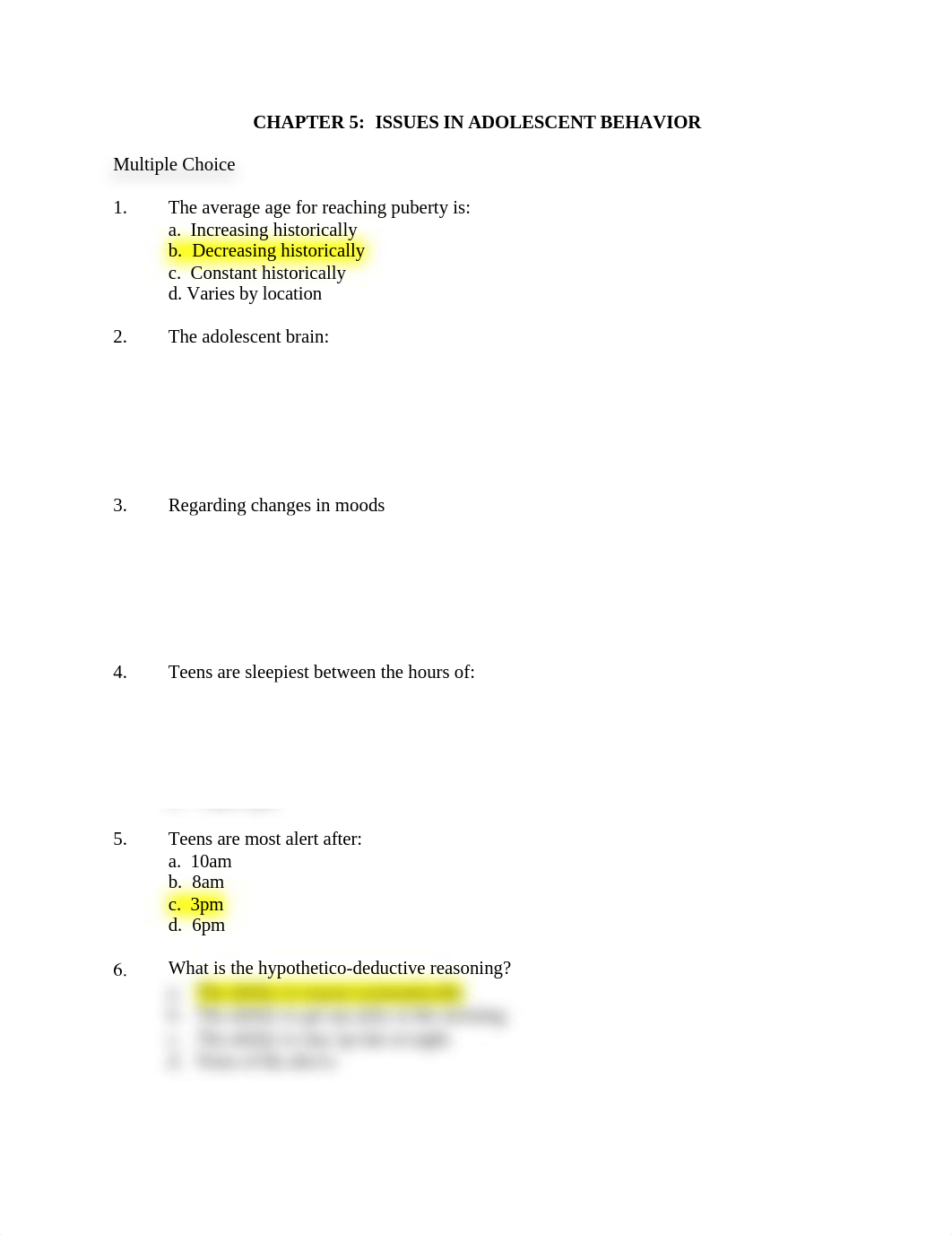 Edu. 351- Ch. 5 CHAPTER 5: ISSUES IN ADOLESCENT BEHAVIOR Multiple Choice_d3mxfkxycc0_page1