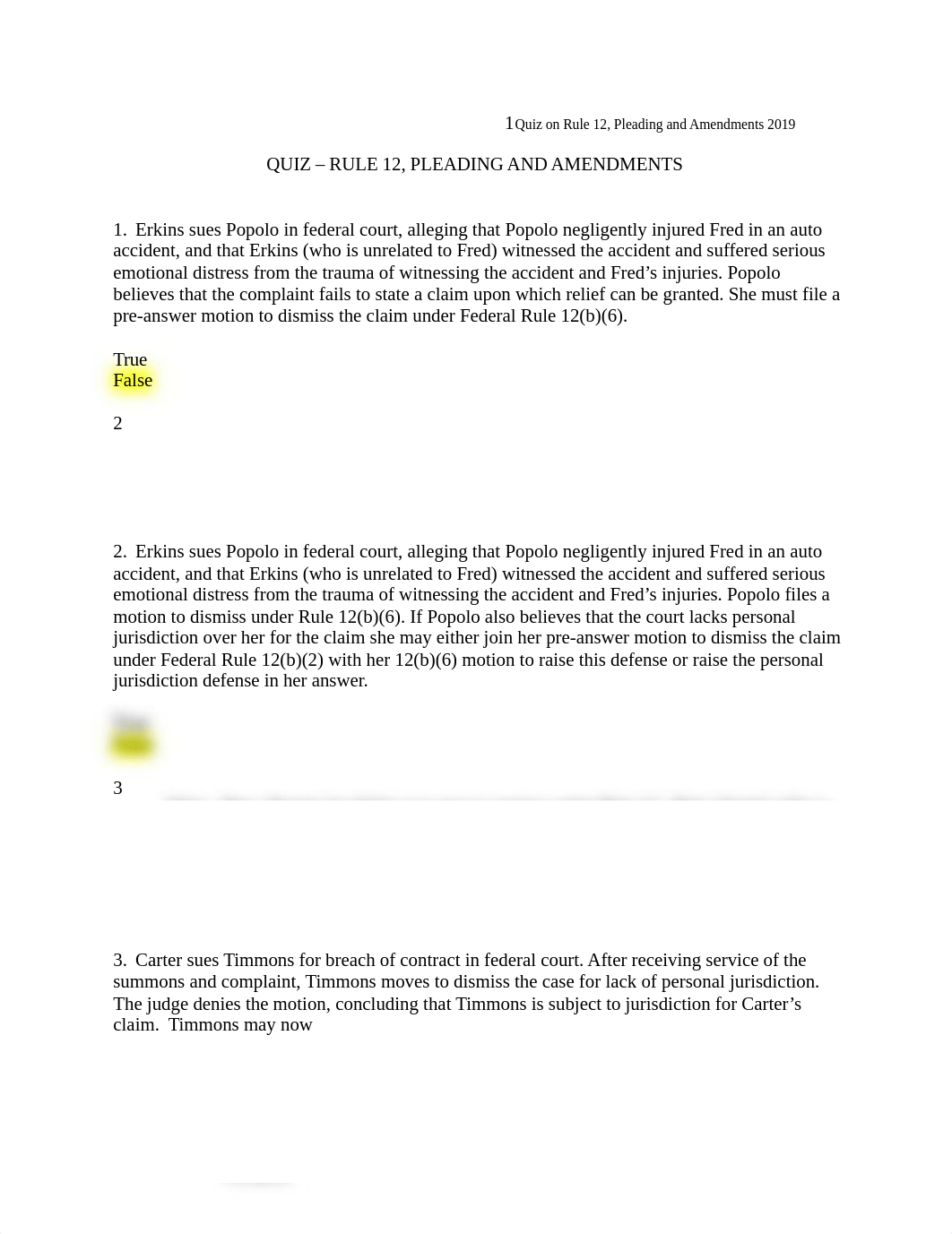 Quiz on Rule 12 Pleading and Amendments 2019 w analysis.docx_d3t8t93dxvj_page1