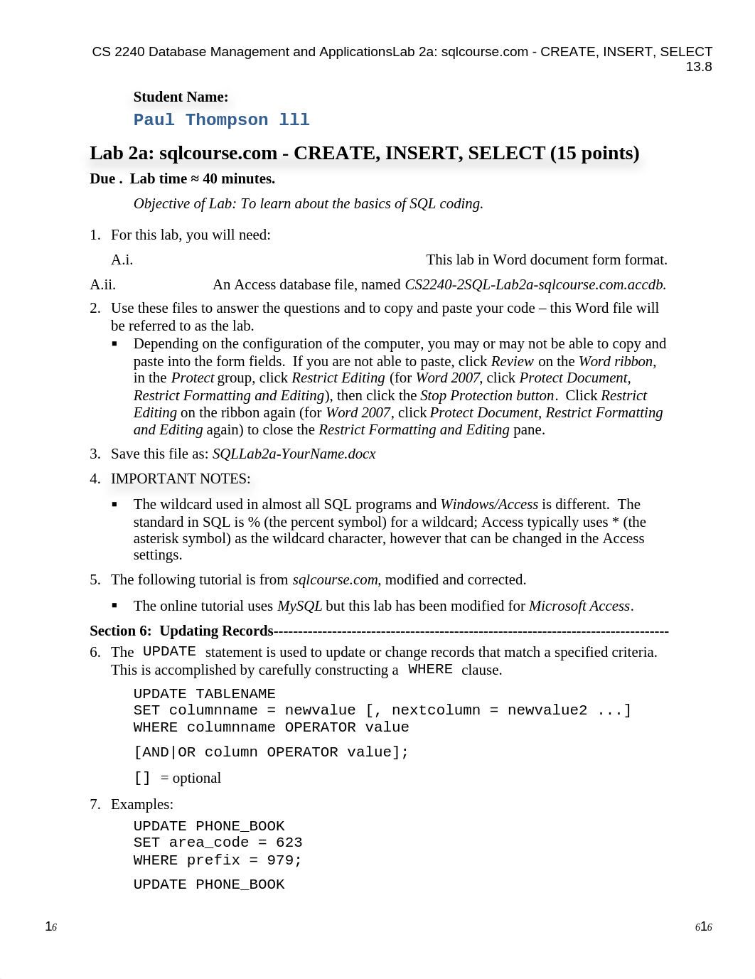 CS 2240 - 2 SQL - Lab 2a - UPDATE, DELETE, DROP (John Featherstone)_d3tgbokqqxd_page1