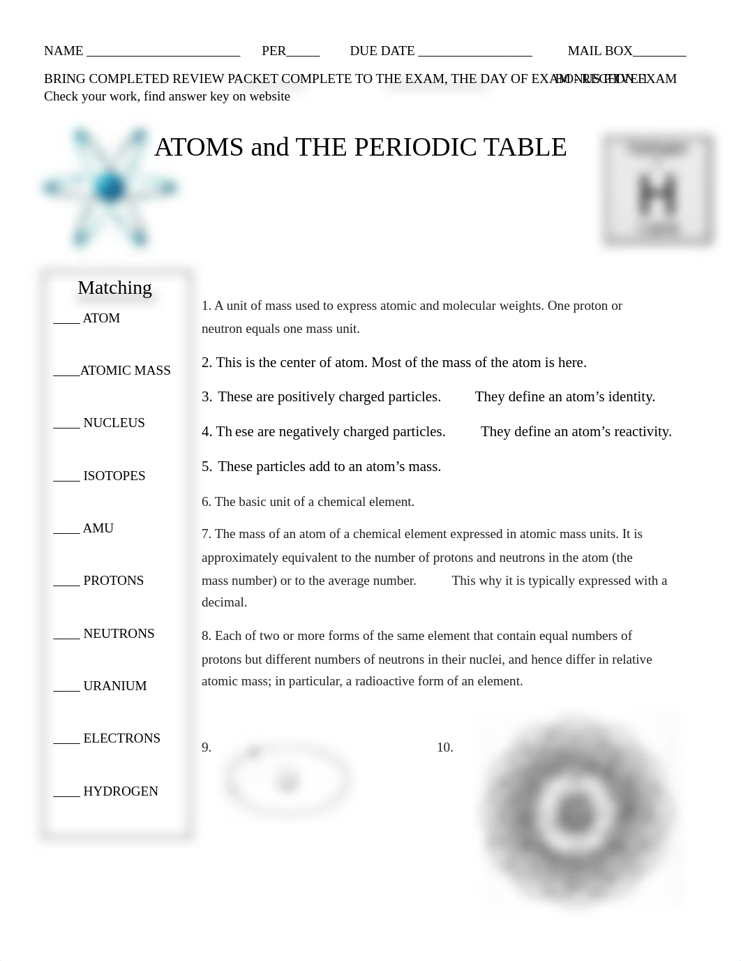 8. Atoms and Periodic Table Quiz Review Packet.pdf_d3tltb5nbnz_page1