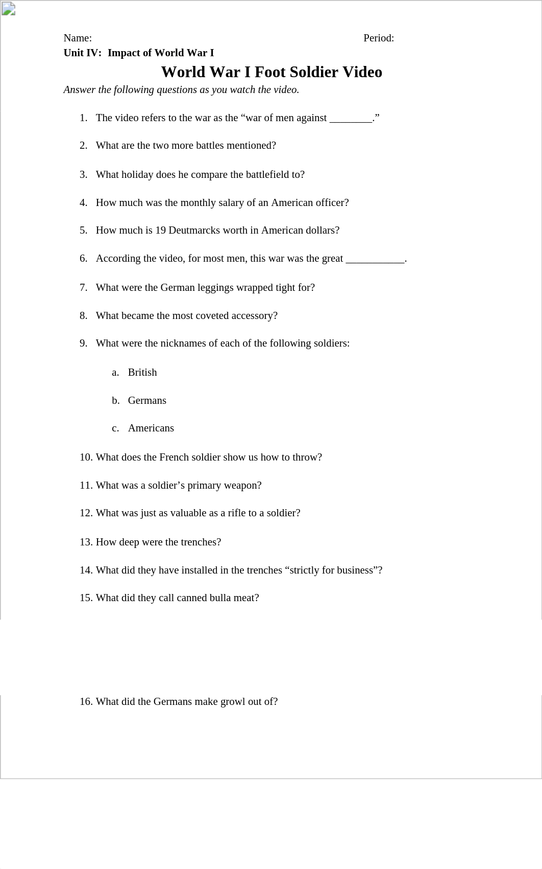 World War 1 Foot Soldier Video Questions.pdf_d42m3h5anes_page1