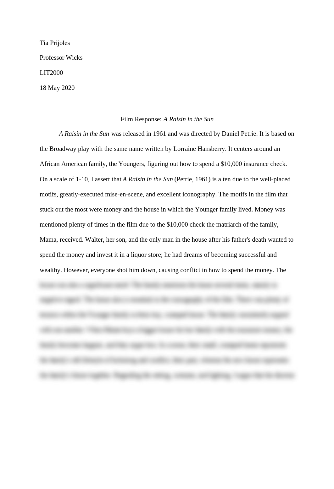 LIT2000 Film Response A Raisin in the Sun EDITED.docx_d44klehwsn5_page1