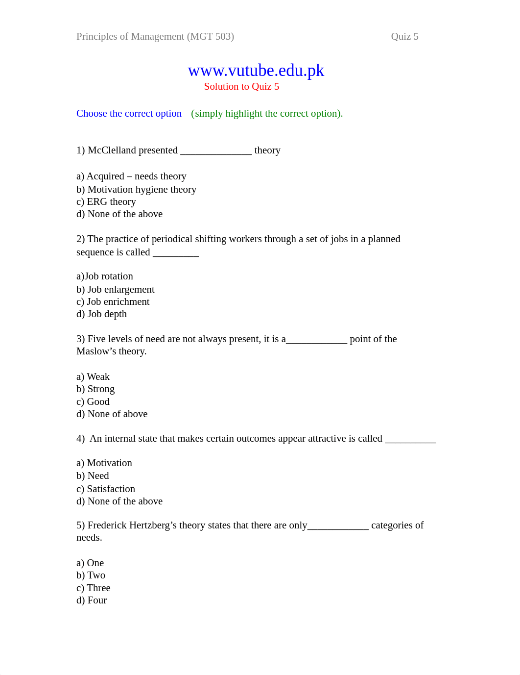 Princilpes of Management - MGT503 Spring 2006 Quiz 05 Solution_d4588au8yor_page1