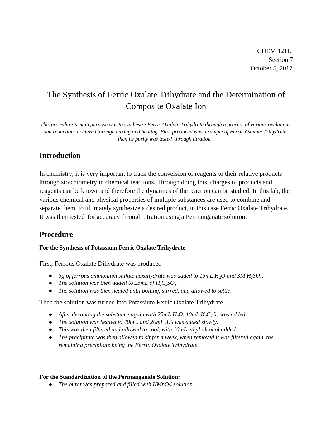 Chem 121L: The Synthesis of Ferric Oxalate Trihydrate and the Determination of Composite Oxalate Ion_d47b9y9sl5x_page1