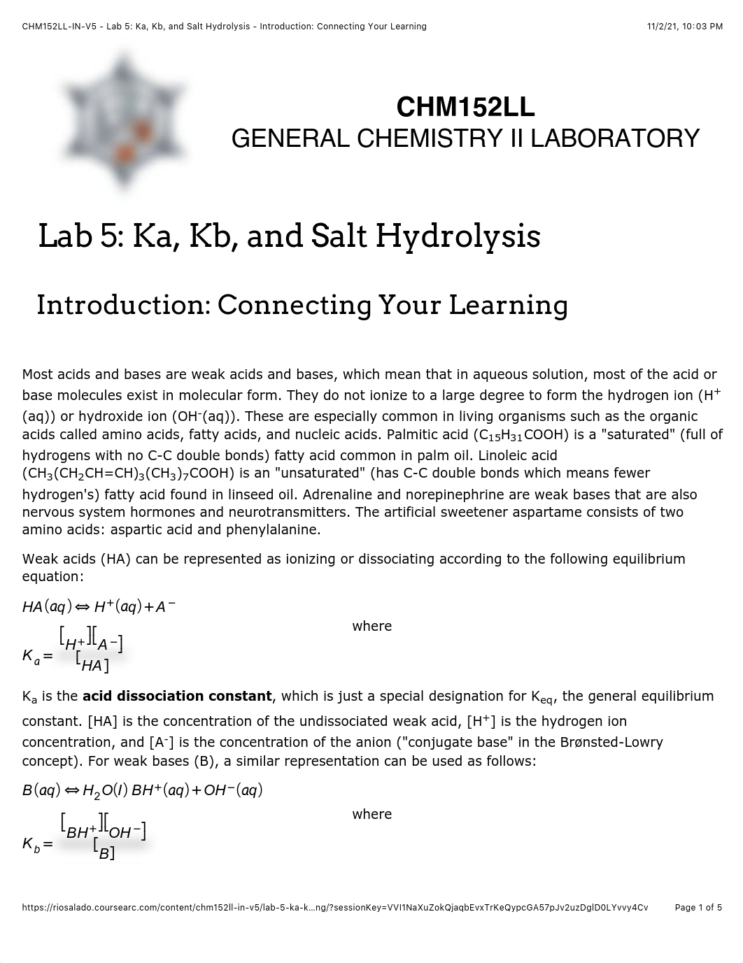 Lab 5 Ka, Kb, and Salt Hydrolysis.pdf_d48fz3m1wjr_page1