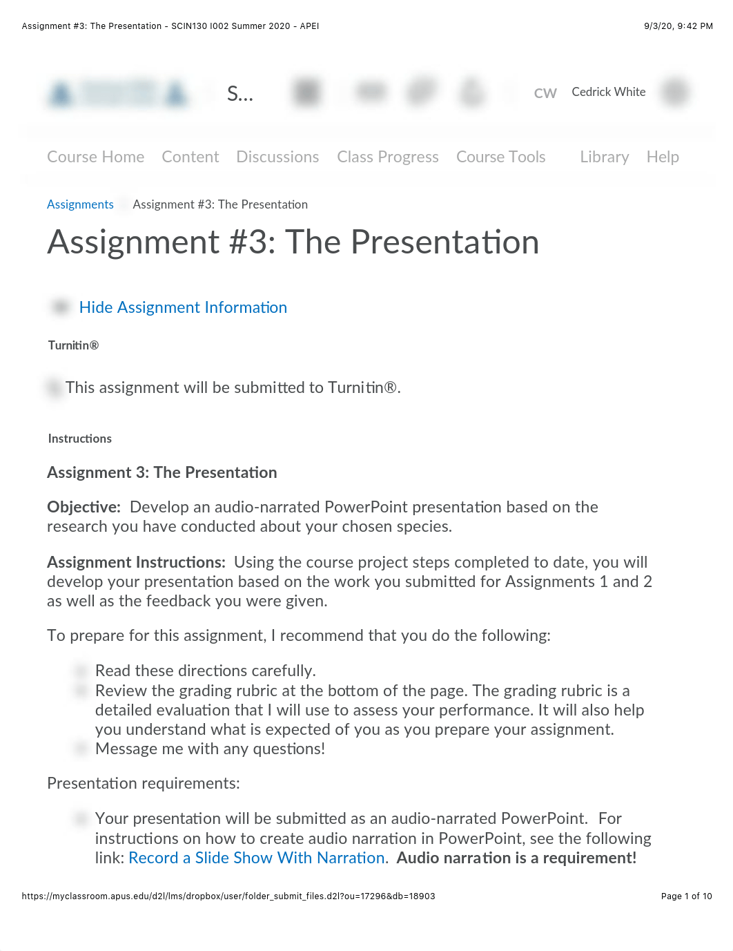 Assignment #3: The Presentation - SCIN130 I002 Summer 2020 - APEI.pdf_d4ggfjgfk8f_page1