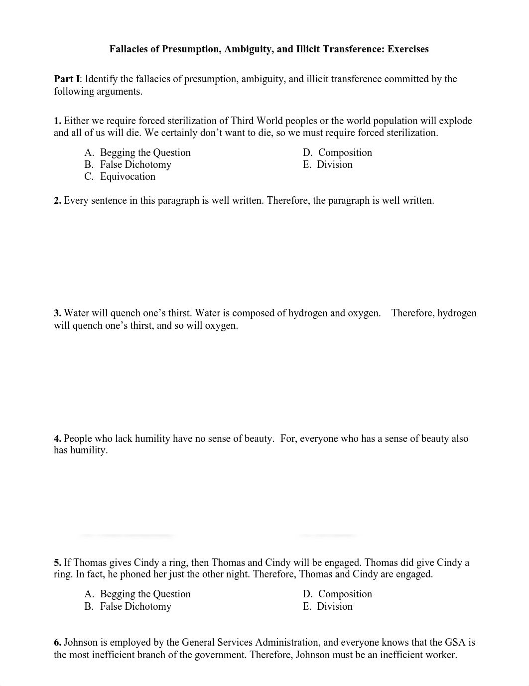 Spring 2019 Fallacies of Presumption, Ambiguity, and Illicit Transference Exercises.pdf_d4gihmfs2wq_page1