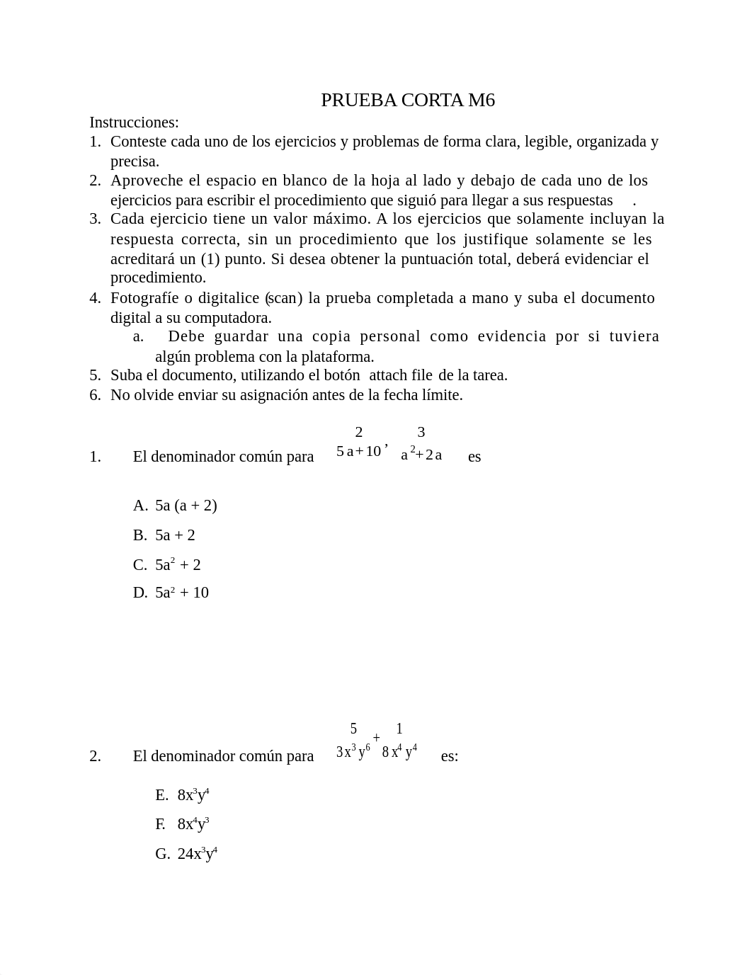 Math 112  M6 PRUEBA CORTA Suma y resta expresiones racionales examen 3.docx_d4gqq3qnbjy_page1