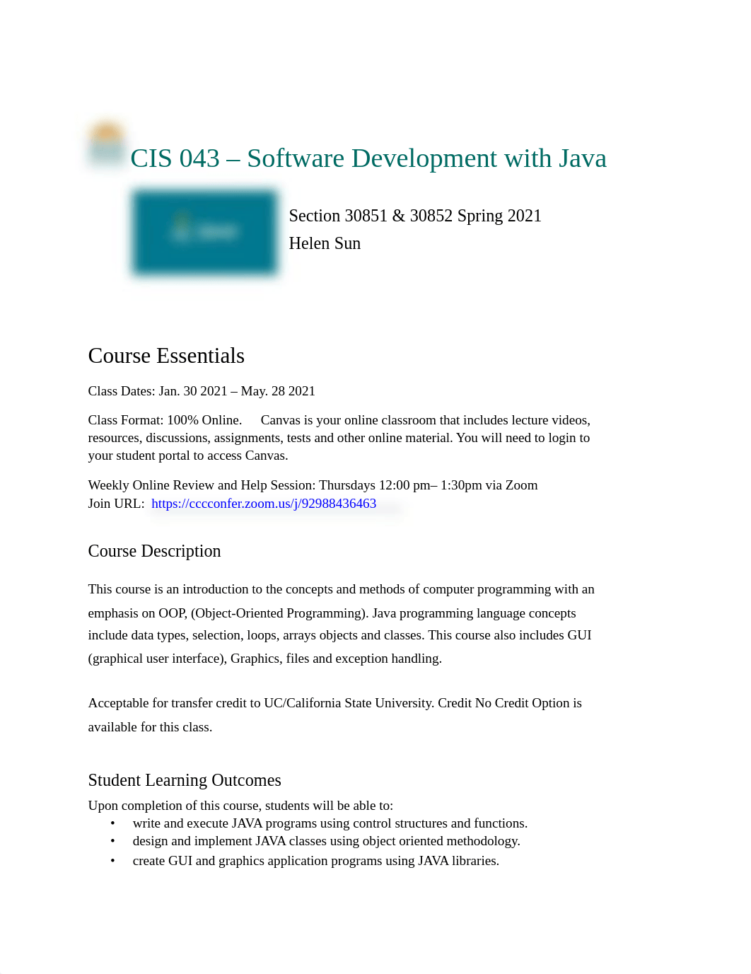 CIS043 Java Section 30851 30852 Syllabus Spring 2021.pdf_d4h9x4kal1q_page1