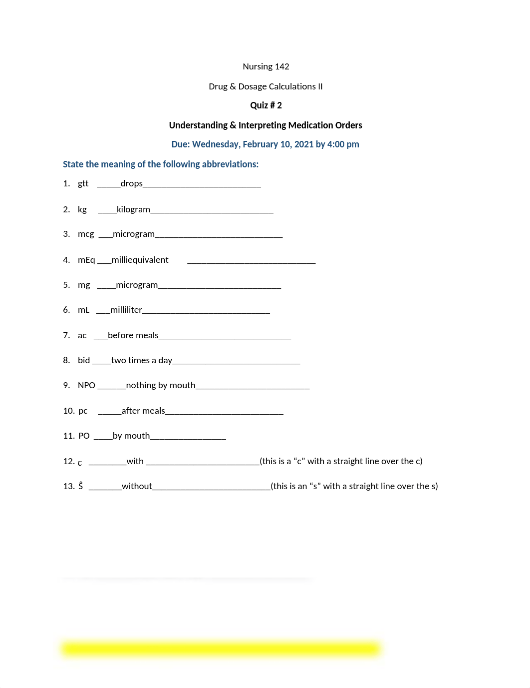 Nursing 142, Quiz # 2, Chapter 11, Understanding & Interpreting Medication Orders..docx_d4hh3fshmor_page1