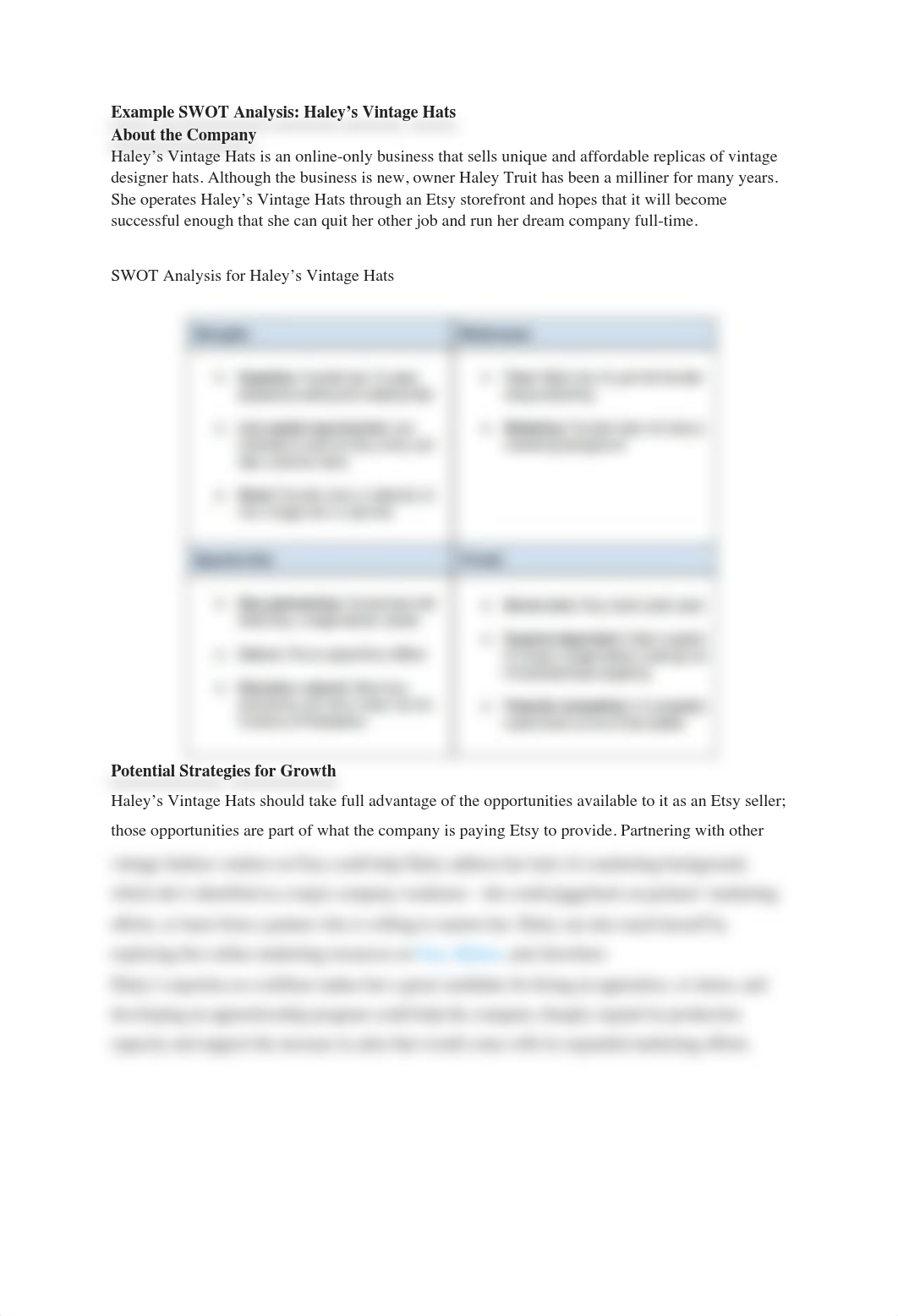 Example SWOT Analysis- Haley's Vintage Hats About the Company_d4jp2743ewu_page1